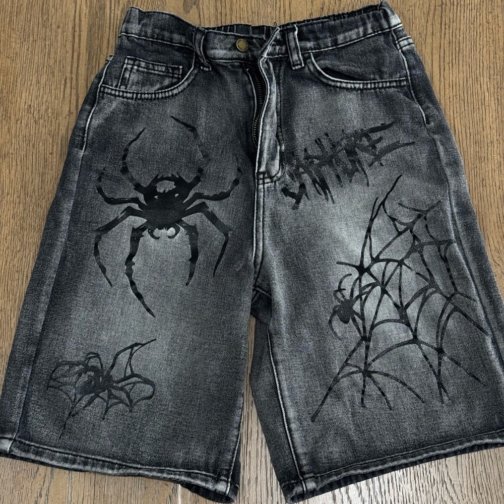 SHEIN Spider Graphic Denim Shorts 12Y Black Washed Goth